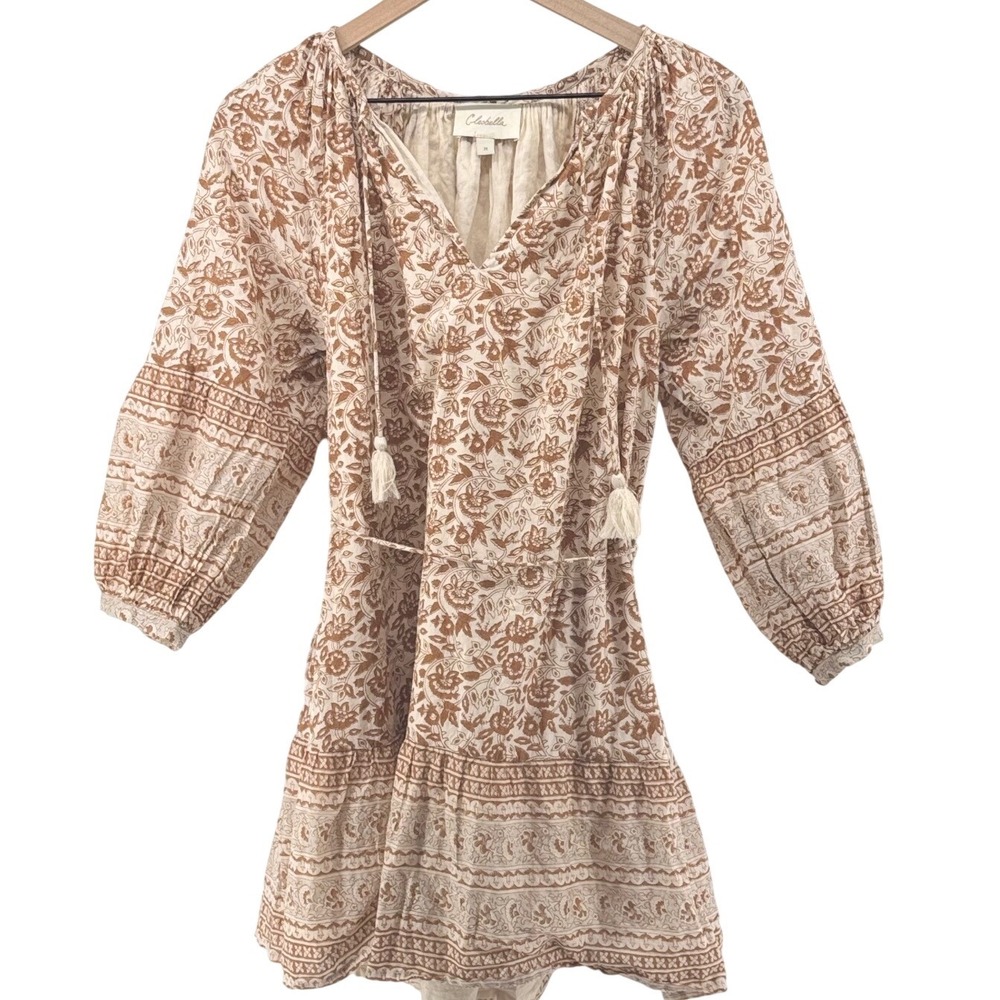 Cleobella Rosy Floral Mini Dress Women Medium Tan White Boho Cottagecore Prairie